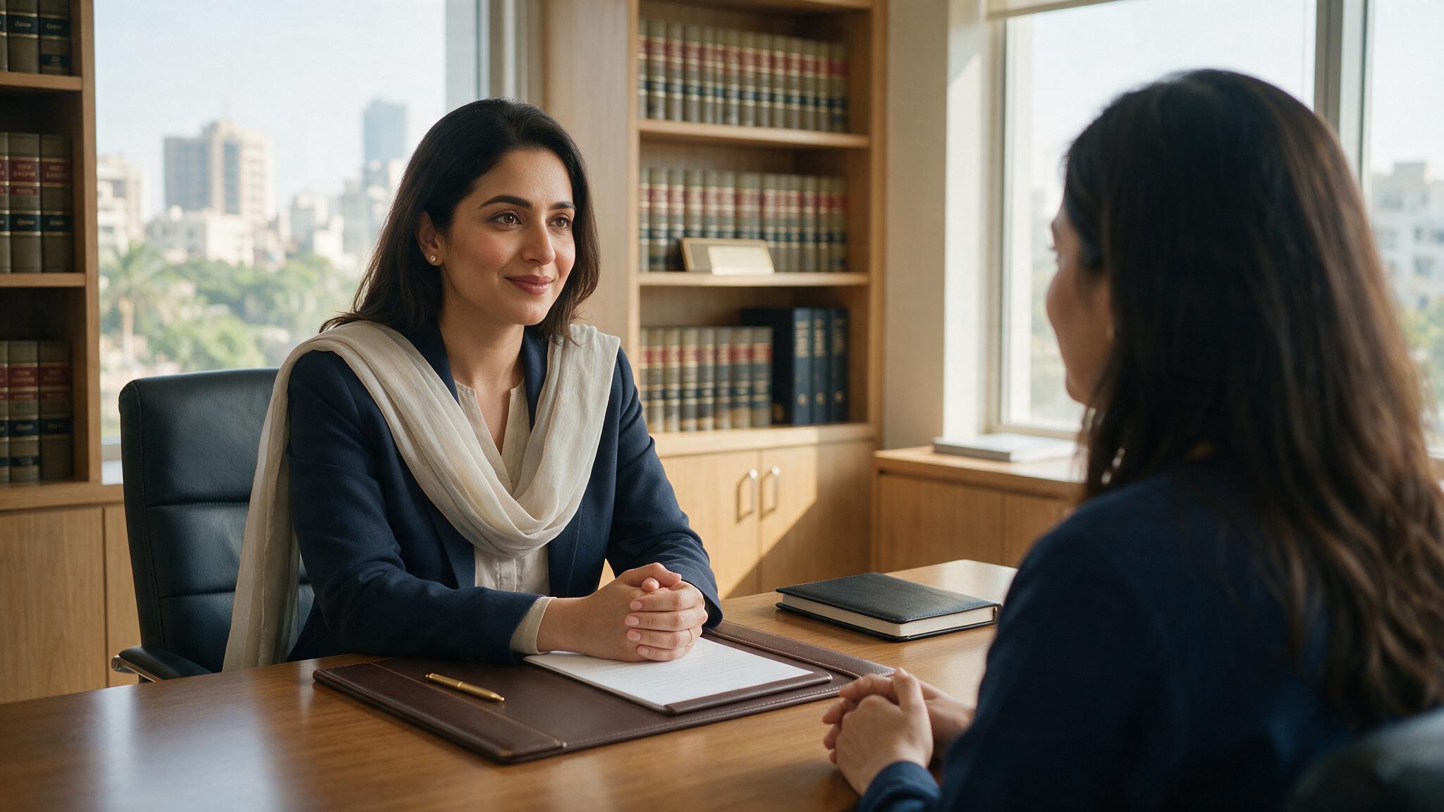 Female family lawyer in Karachi listening to a woman client at MR Law Associates